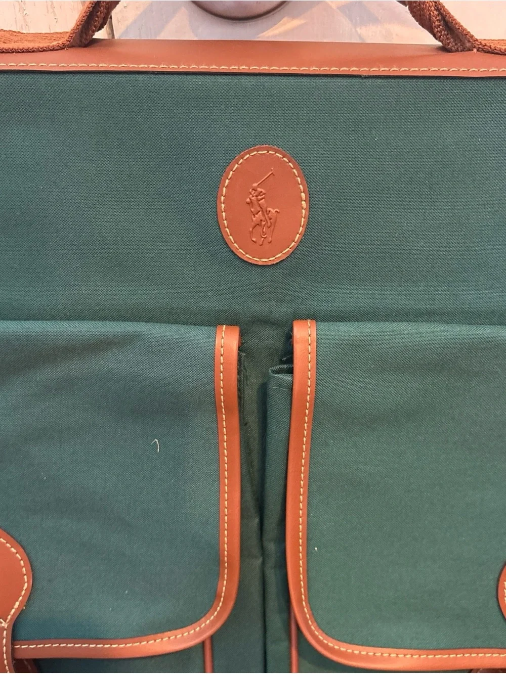 Ralph Lauren Polo Vintage Green Canvas Garment Bag / Brown Trim Zip Travel Bag